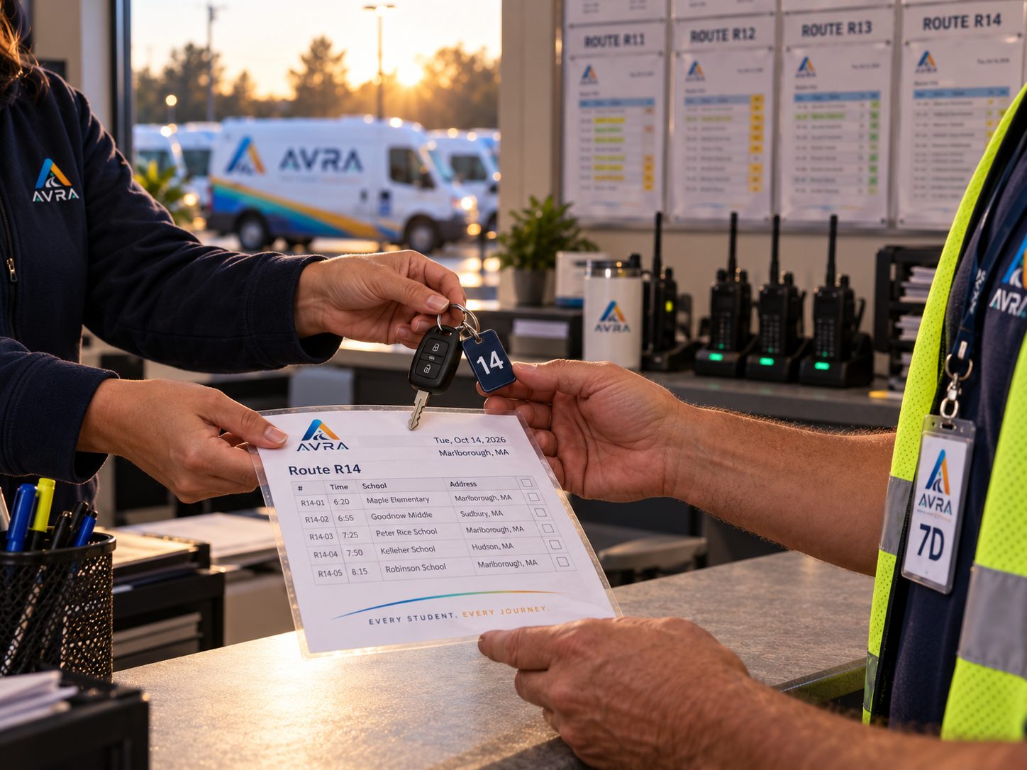 A driver receiving van keys and a laminated route sheet across the dispatch counter