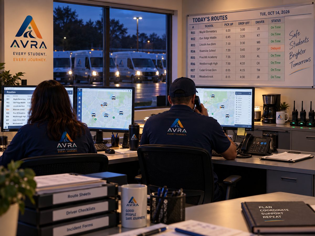 AVRA dispatch office at 5:45 AM, two dispatchers at screens showing the route map