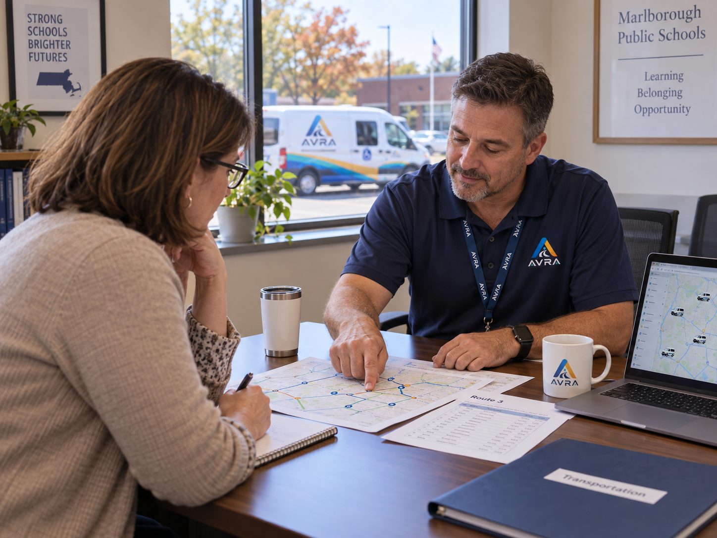 AVRA operations manager reviewing a printed route plan with a school administrator
