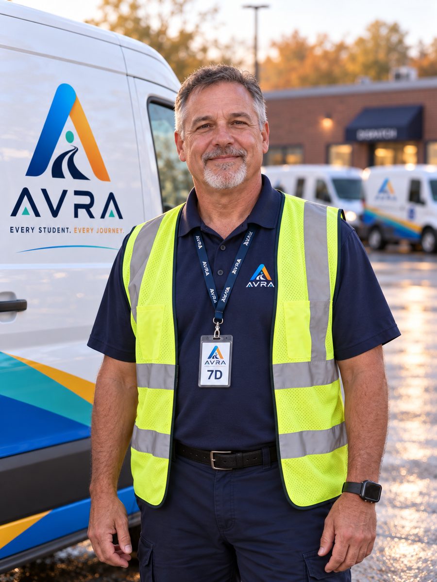 An AVRA driver standing in front of their van at the Quincy yard