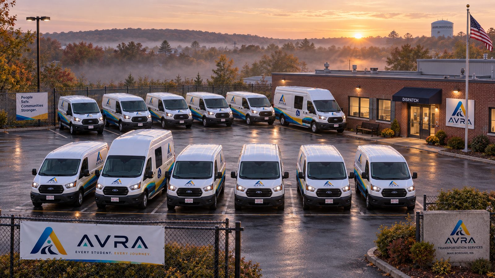 Twelve AVRA vans parked in two rows at the Quincy yard at dawn