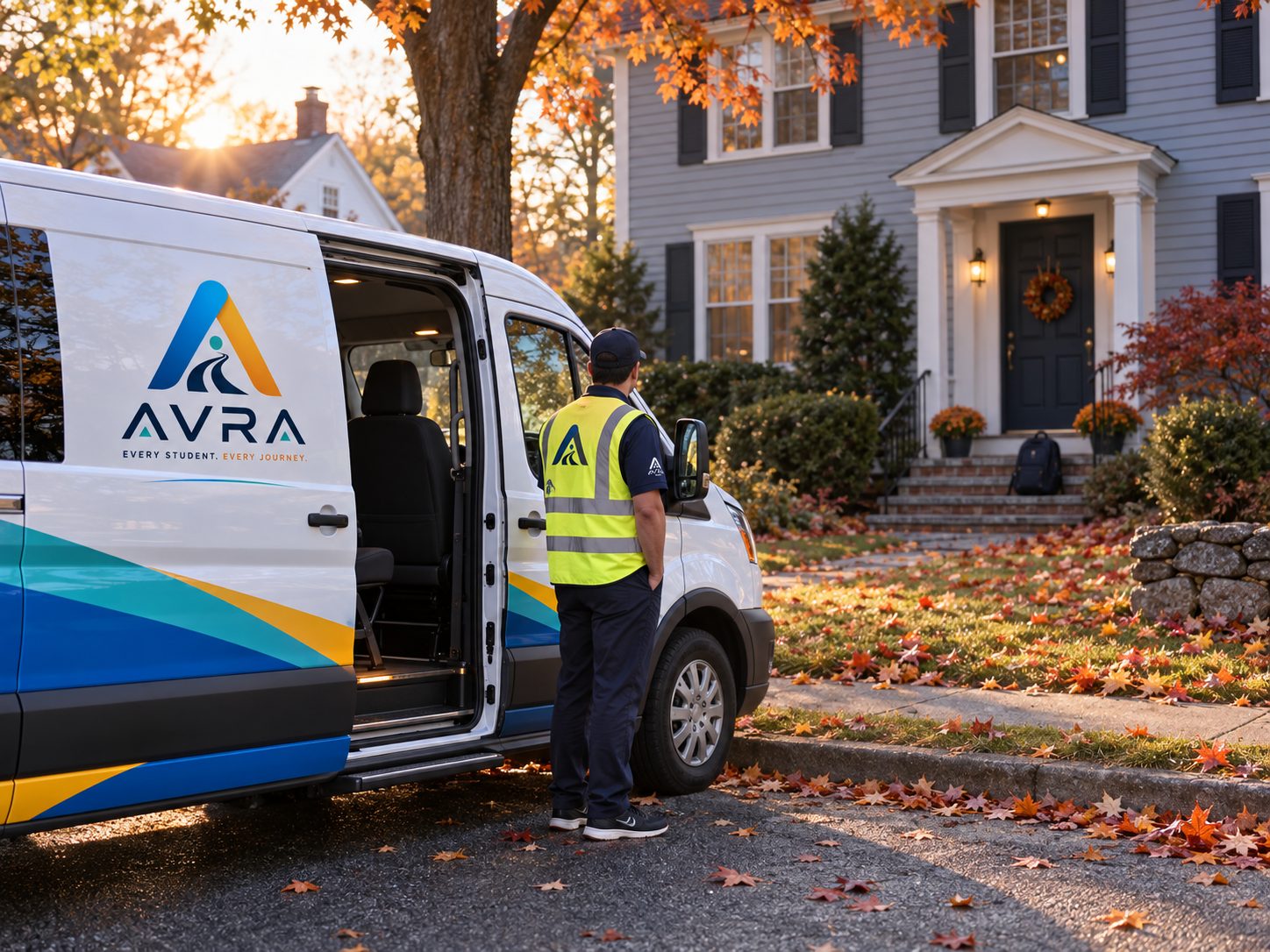 An AVRA van at the curb of a Quincy home at 6:40 AM, driver waiting by the open door