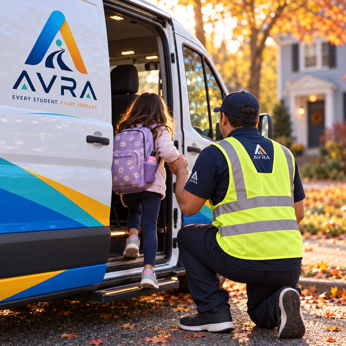 An AVRA ride monitor kneeling beside the open van door helping a child with a backpack step up