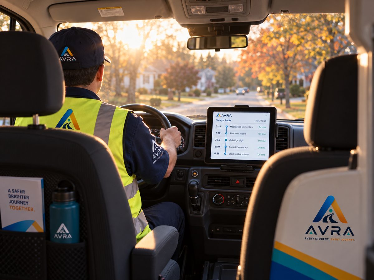 View from the second row of an AVRA van, dispatch tablet showing the morning route
