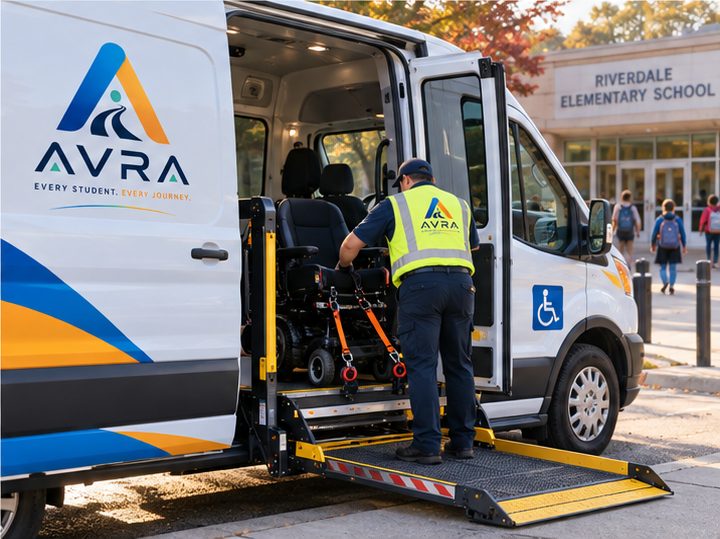 AVRA wheelchair-accessible van with the lift lowered, monitor securing a wheelchair inside